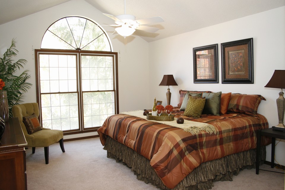 master bedroom  vaulted master bedroom with large window and large walk-in closet.