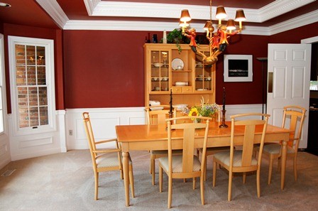 coffered ceilings, bay window, custom lighting